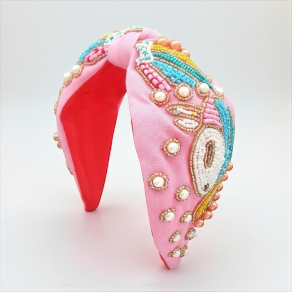 Pink Beaded Statement Headband Pearl Embellished Rainbow Top Knot NWT